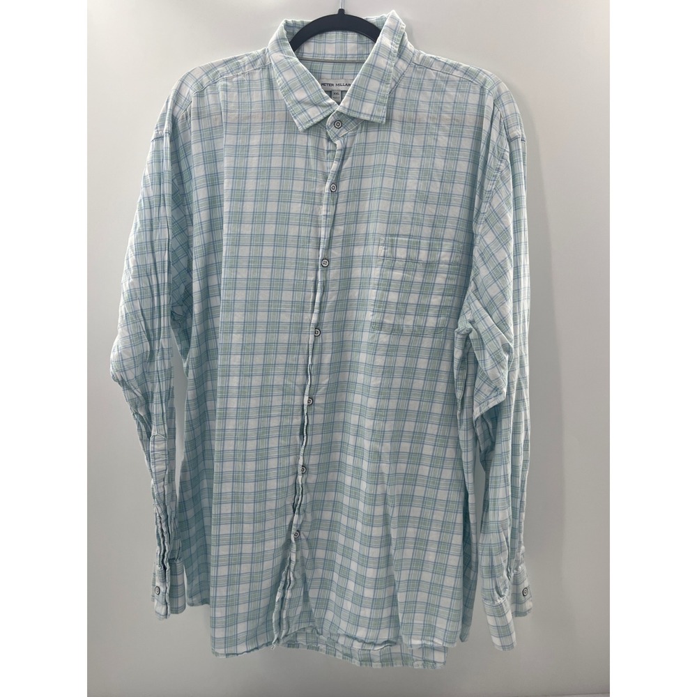 Peter Millar Mens XXL Plaid Button Down Shirt Blue Green Long Sleeve Casual